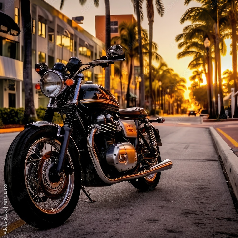 Motorcycle parked along the streets of Miami Beach