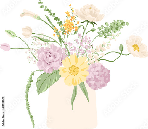 Vector Illustration bouquet of flowers in vase on white in pastel tones