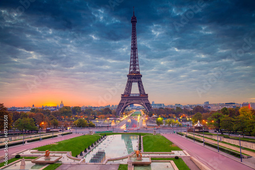 Cityscape image of Paris, France with the Eiffel Tower during sunrise.