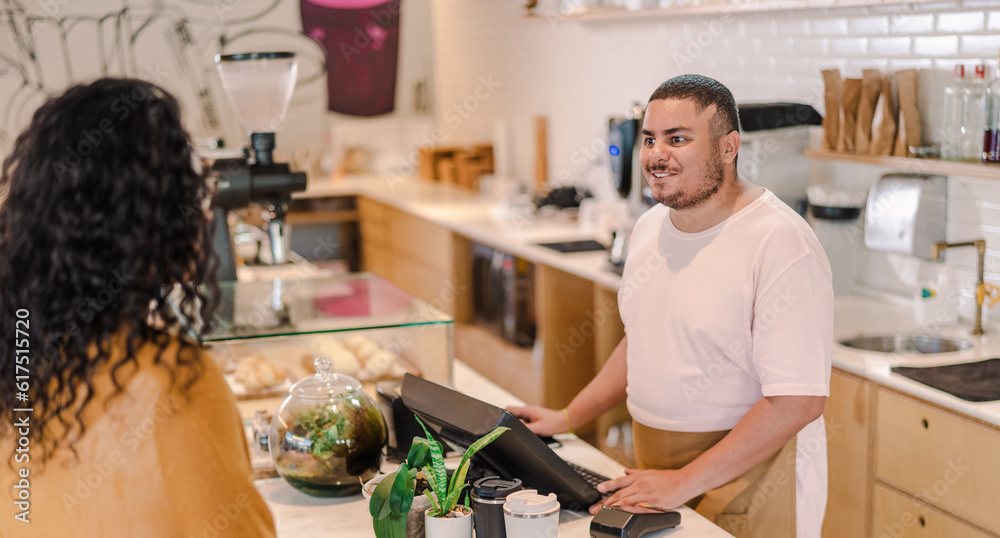 Latin woman ordering at a coffee shop in Brazil Latin woman ordering at a coffee shop in Brazil