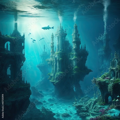 A underwater scene of a castle. Generative AI 