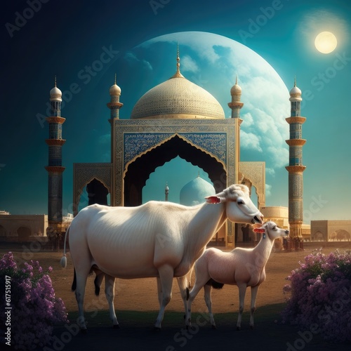 A couple of animals standing in front of a building