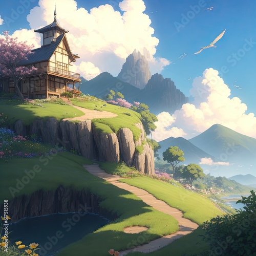 A house on a hill with a pond and mountains in the background. Generative AI 