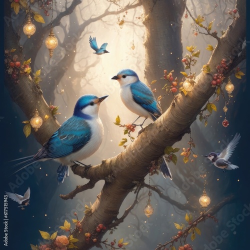 A couple of blue birds on a tree branch. Generative AI
