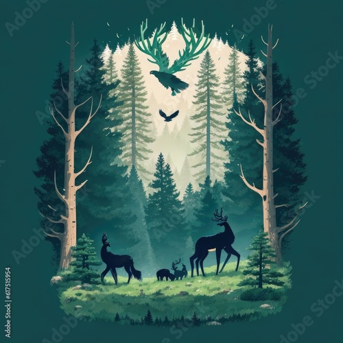 A group of deer in a forest illustration. Generative AI