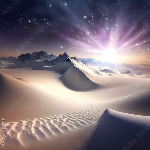 majestic mountains towering over wind swept dunes snow tops glisten in the sun to sand shimmering at night cosmic alignment nighscape into sunrise prismatic highlights cinematic lighting  photo