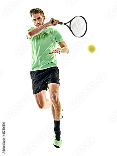 one caucasian  man playing tennis player isolated on white background © Designpics