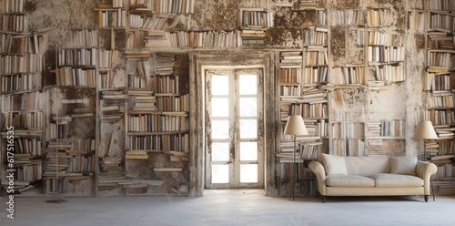 A group of books in a wooden library bookshelves  in the style of white and beige  domestic interiors  industrial  background