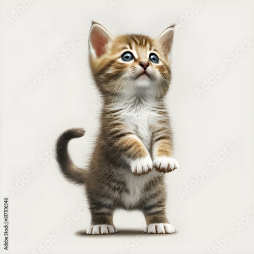 a small brown kitten with a white tummy standing on hind legs with a white background 