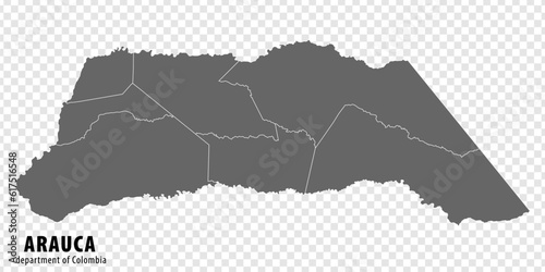 Blank map Arauca Department of Colombia. High quality map Arauca with municipalities on transparent background for your web site design, logo, app, UI. Colombia.  EPS10.