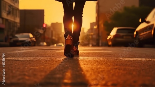Businesswoman walking on a road to success  close up leather business shoes walking  goal and target concept