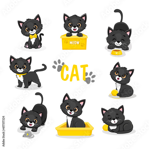  Set of funny cute cats in different poses in cartoon style. Black kitten. 