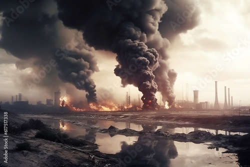 Black smoke from factory pipes polluting air and blocking sun, industrial scene, environmental pollution, ecological disaster, global warming climate concept. Ai generative