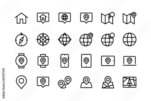 Navigation icon set, adjustable line weight location, map, route, pin, compass, destination, travel, geography icons, label, mark, marker collection vector, graphic, stroke, outline, address