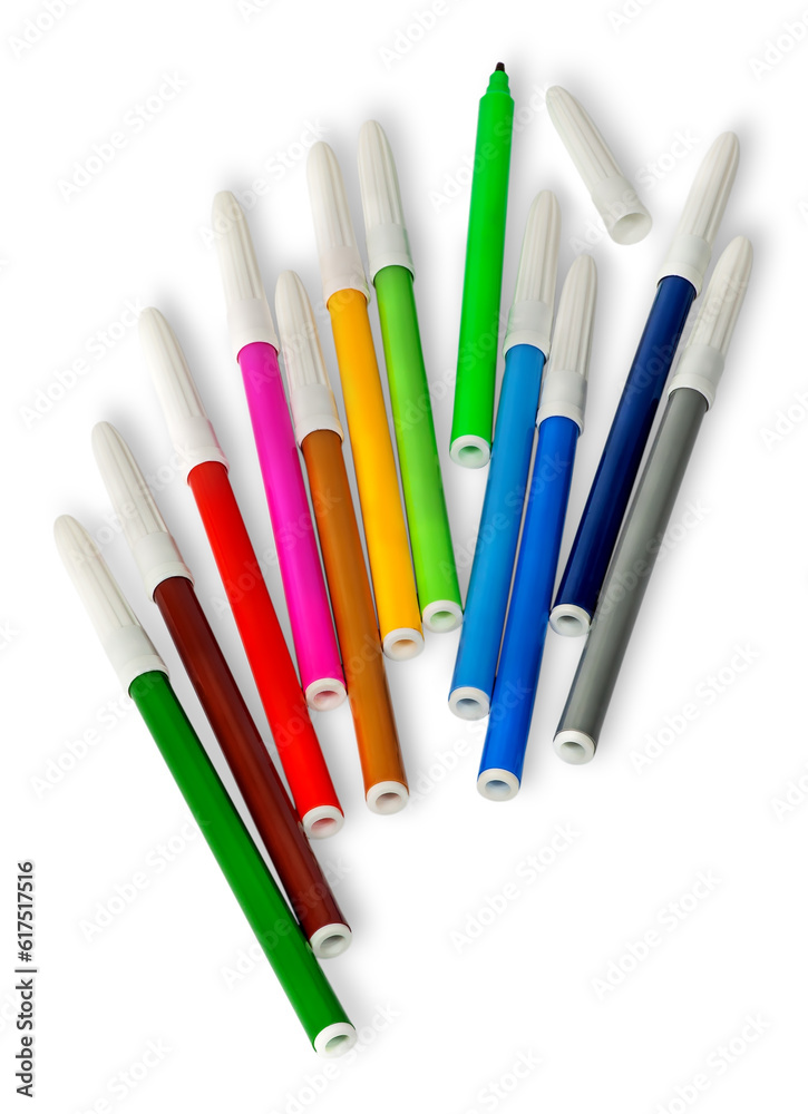 Scattered colored felt tip pens isolated on white background Scattered colored felt tip pens isolated on white background