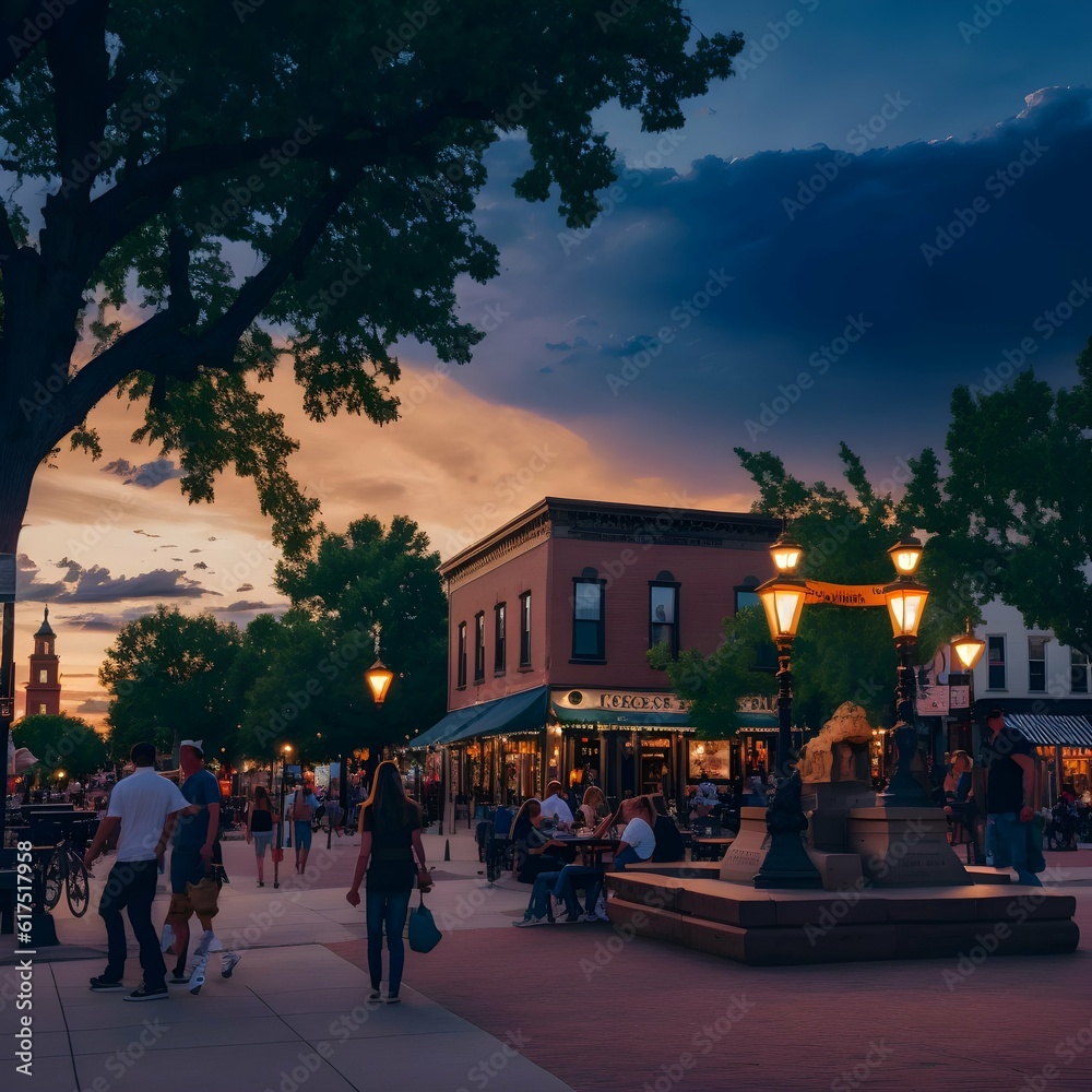 people in old town square Fort Collins CO during the evening It is summer and the sky is clear 