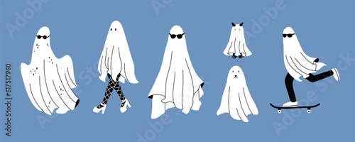 Set of modern ghosts. Cute cartoon spooky monsters. Halloween trendy characters.