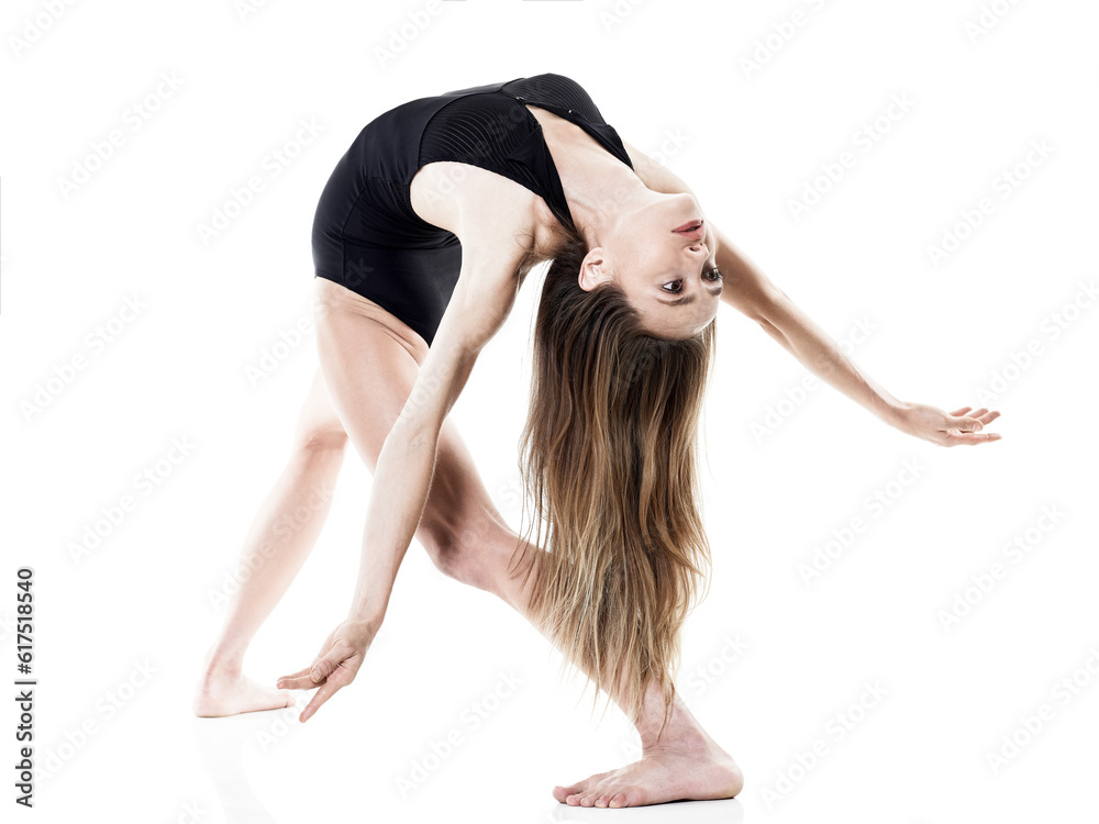 one caucasian woman dancer dancing in studio isolated on white background one caucasian woman dancer dancing in studio isolated on white background