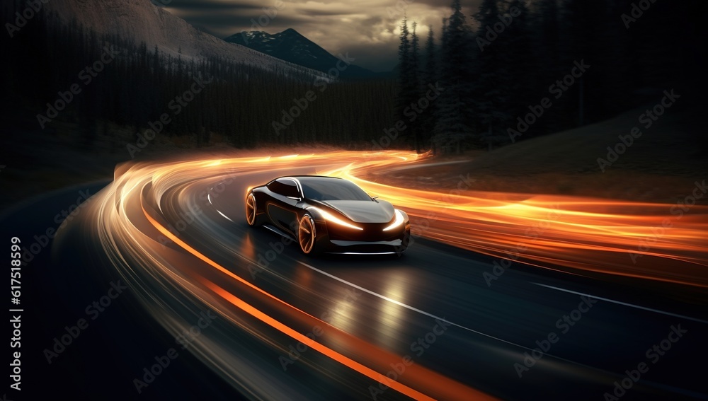 futuristic electric sports car light trails at night on a dark mountain road. dynamic transportation motion concept. black and orange
