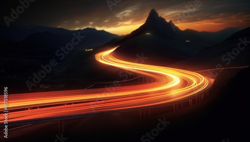 car light trails at night on a dark mountain road. dynamic transportation concept. black and orange