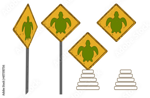 Series of warning road signs in yellow with green turtles - vector