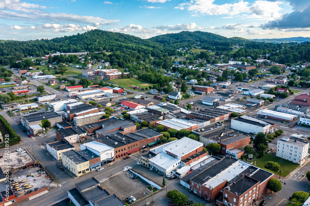 Aerial View of Downtown Galax Virginia Looking over Historic Buildings in the Downtown Area