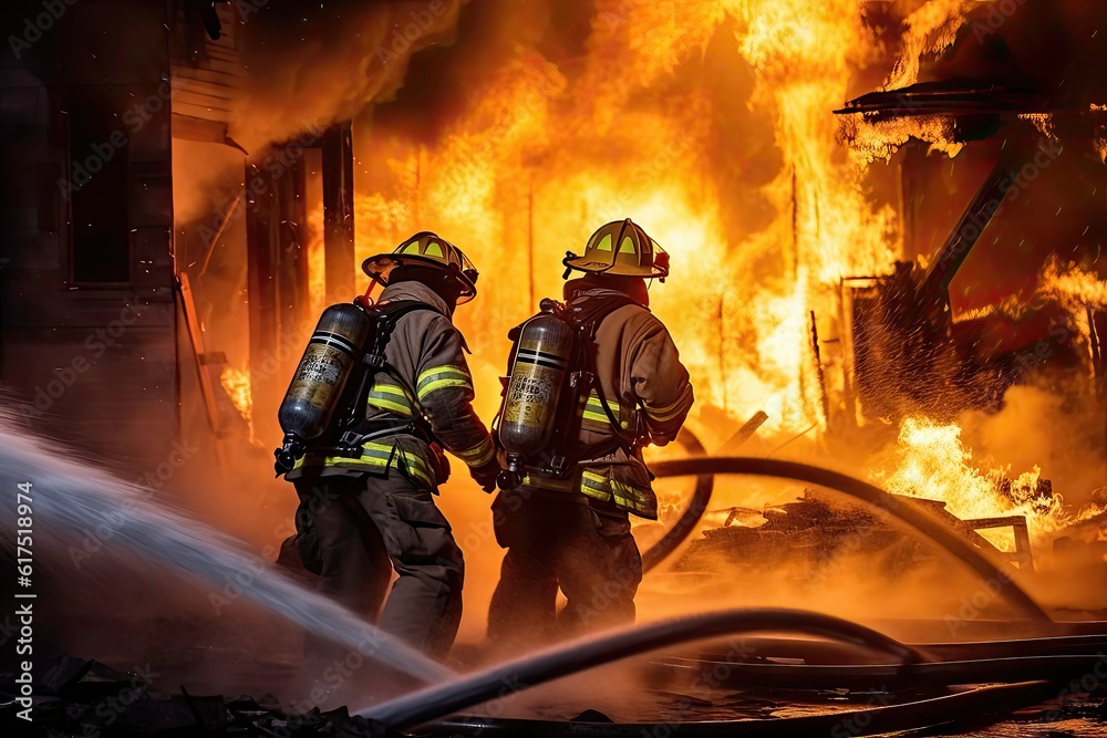 Firefighters fighting a fire in a burning building