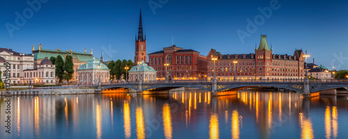 Panoramic image of Stockholm, Sweden during twilight blue hour.