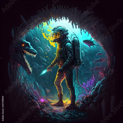 in a cave with a neon glow hyperrealistic a oneeyed thin man in a helmet in the shape of a test tube futuristic spacesuit many tubes from the back fights with a terrible monster like a wolf with a  photo