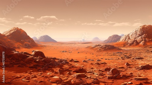 The Martian surface with red soil and rocky formations. AI generated