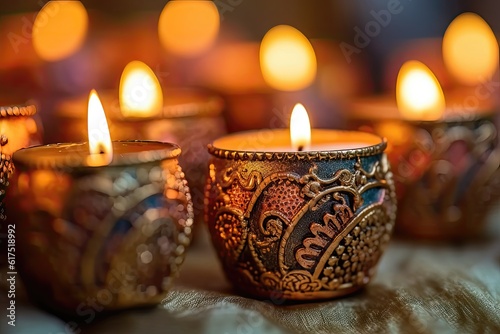 Burning candles in Indian style. Selective focus on candle