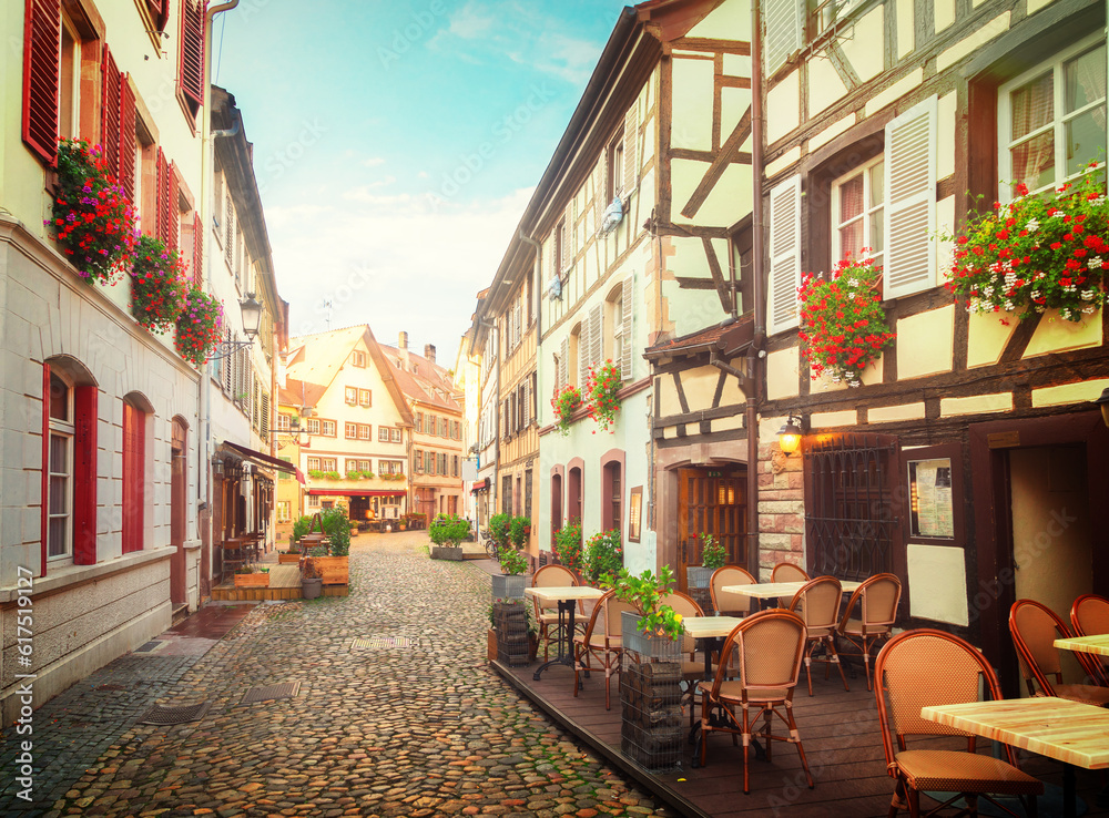 Fototapeta premium street of Petit France medieval district of Strasbourg,Alsace France, toned