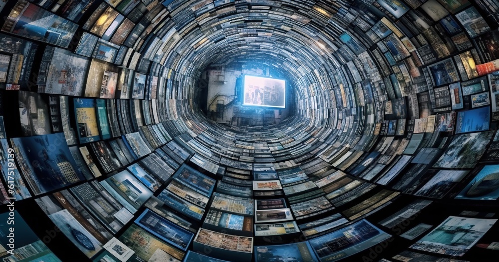 large multimedia screen video wall with many monitors, concept of overwhelming media input information overload in a digital world large multimedia screen video wall with many monitors, concept of overwhelming media input information overload in a digital world