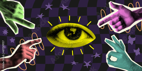hands and eye isolated set collage elements for mixed media design in halftone texture vintage dotted pop art style retro grunge punk crazy templates