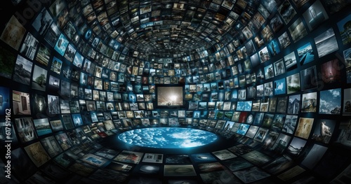 large multimedia screen video wall with many monitors, concept of overwhelming media input information overload in a digital world