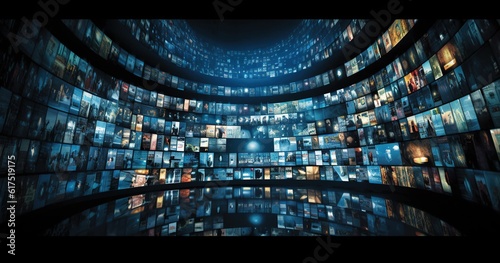 large multimedia screen video wall with many monitors, concept of overwhelming media input information overload in a digital world