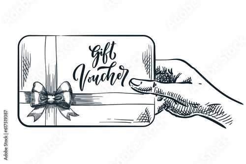 Human hand holding gift voucher card. Discount coupon concept. Vector hand drawn sketch illustration