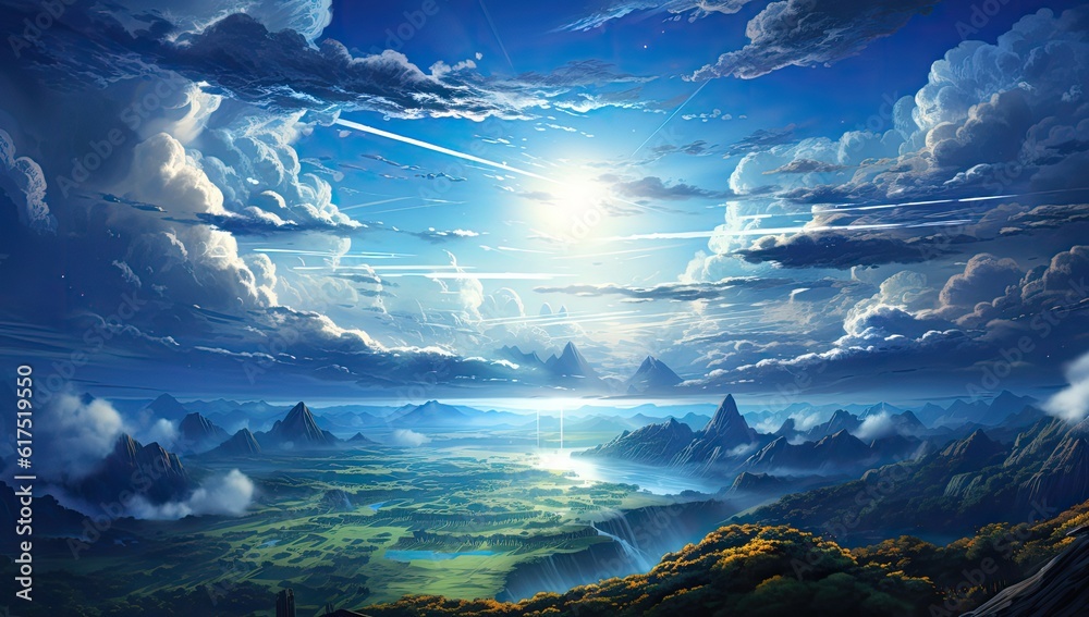 Fantasy anime landscape with blue sky and clouds in the background