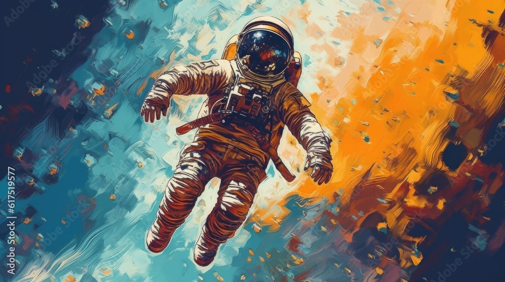 An astronaut floating in space outside a spacecraft. AI generated
