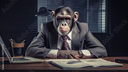 sad looking chimpanzee in business outfit in his office, generative ai