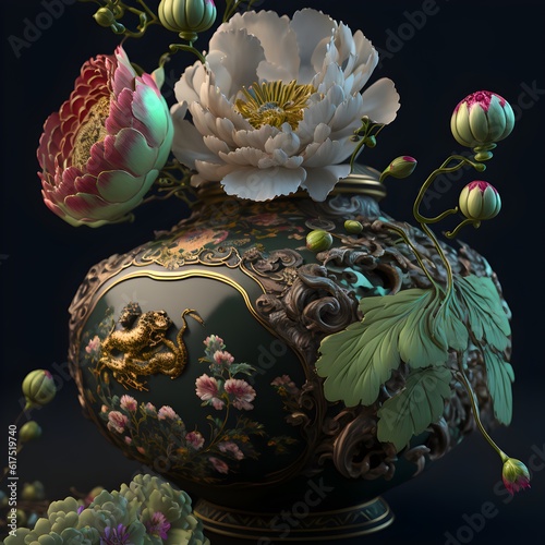 Ancient Chinese Floral Decorationphoto style High detail masterpiece ray tracing extremely detailed realistic photography subsurface scattering volumetric lighting 32k octane rendering unrealistic  photo