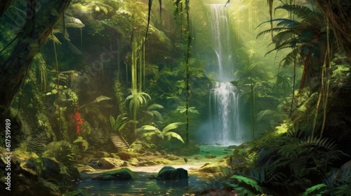 Sun shines through trees onto tasteful waterfall in lush forest.  Illustration  Generative AI 