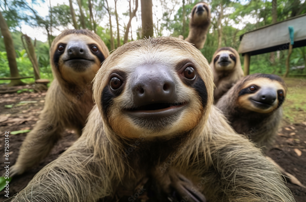 Naklejka premium Sloth taking a selfie photo with a group sloths in the forest. Generative AI.