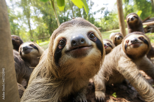 Sloth taking a selfie photo with a group sloths in the forest. Generative AI.