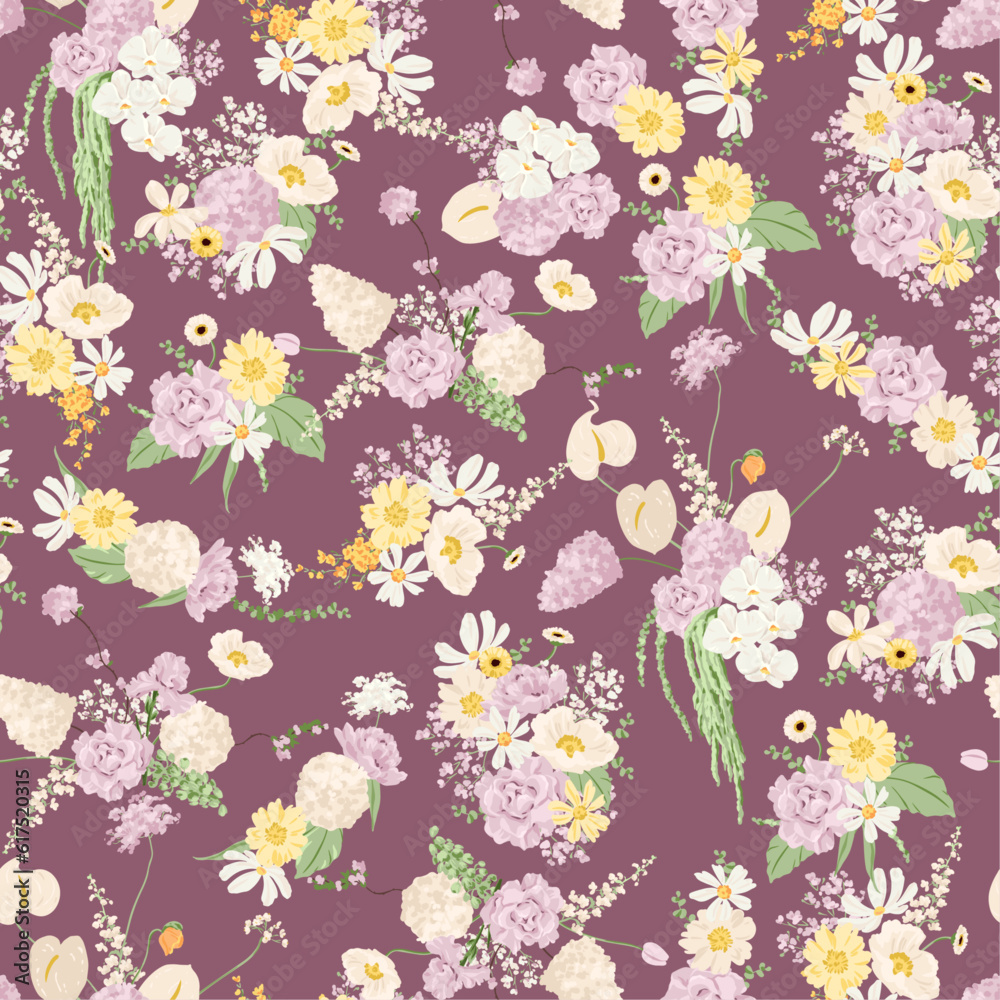 Obraz premium Vector Seamless Floral Bouquets Pattern on Purple Background