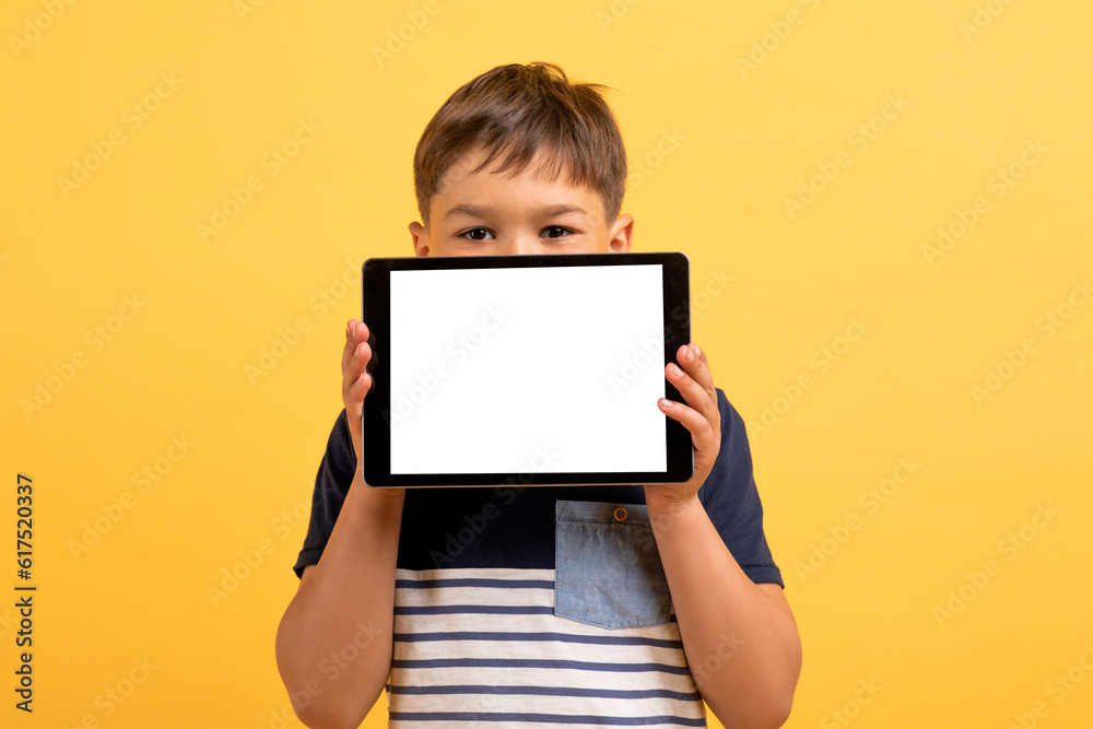 Handsome kid hiding face behind digital tablet with white screen Handsome kid hiding face behind digital tablet with white screen