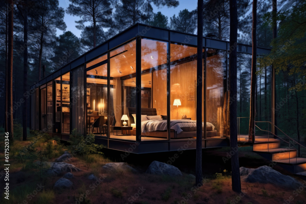 Modern luxury villa exterior. Glass cottage in the woods. Cabin house in forest. Generative AI