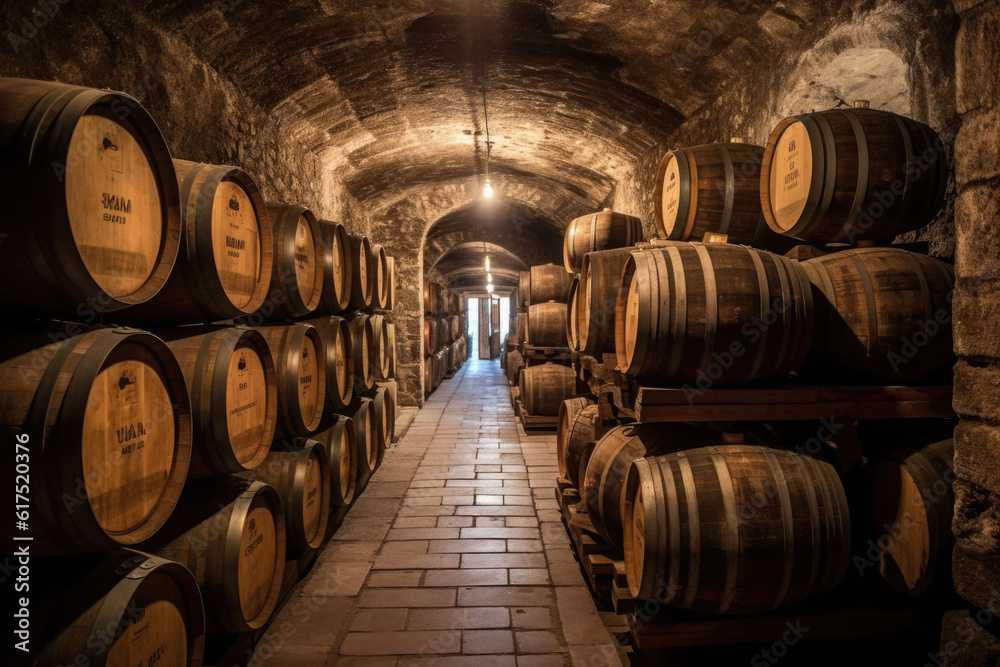 Storage cellar with barrels making wine or whisky bottles. Generative AI