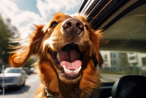 Happy dog with head out of the car window having fun. Generative AI © barmaleeva