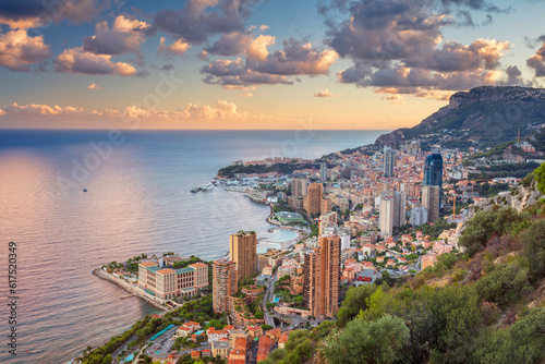 Cityscape image of Monte Carlo, Monaco during summer sunset.